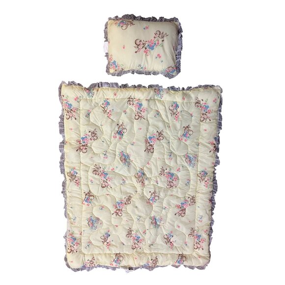 Vintage JCPenney Crib Quilt & Pillow Set Lace Edge Floral Baby Blanket Nursery - Picture 1 of 16